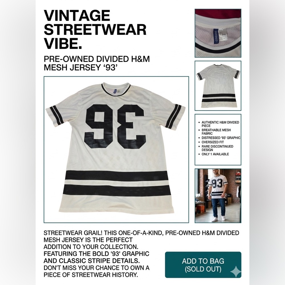 H&M Divided White Mesh Oversized Streetwear Jersey - Size L - '93'
